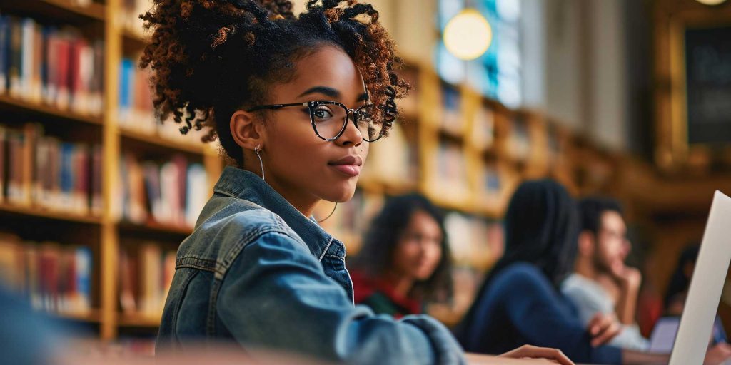 young woman applying to college on laptop in busy library