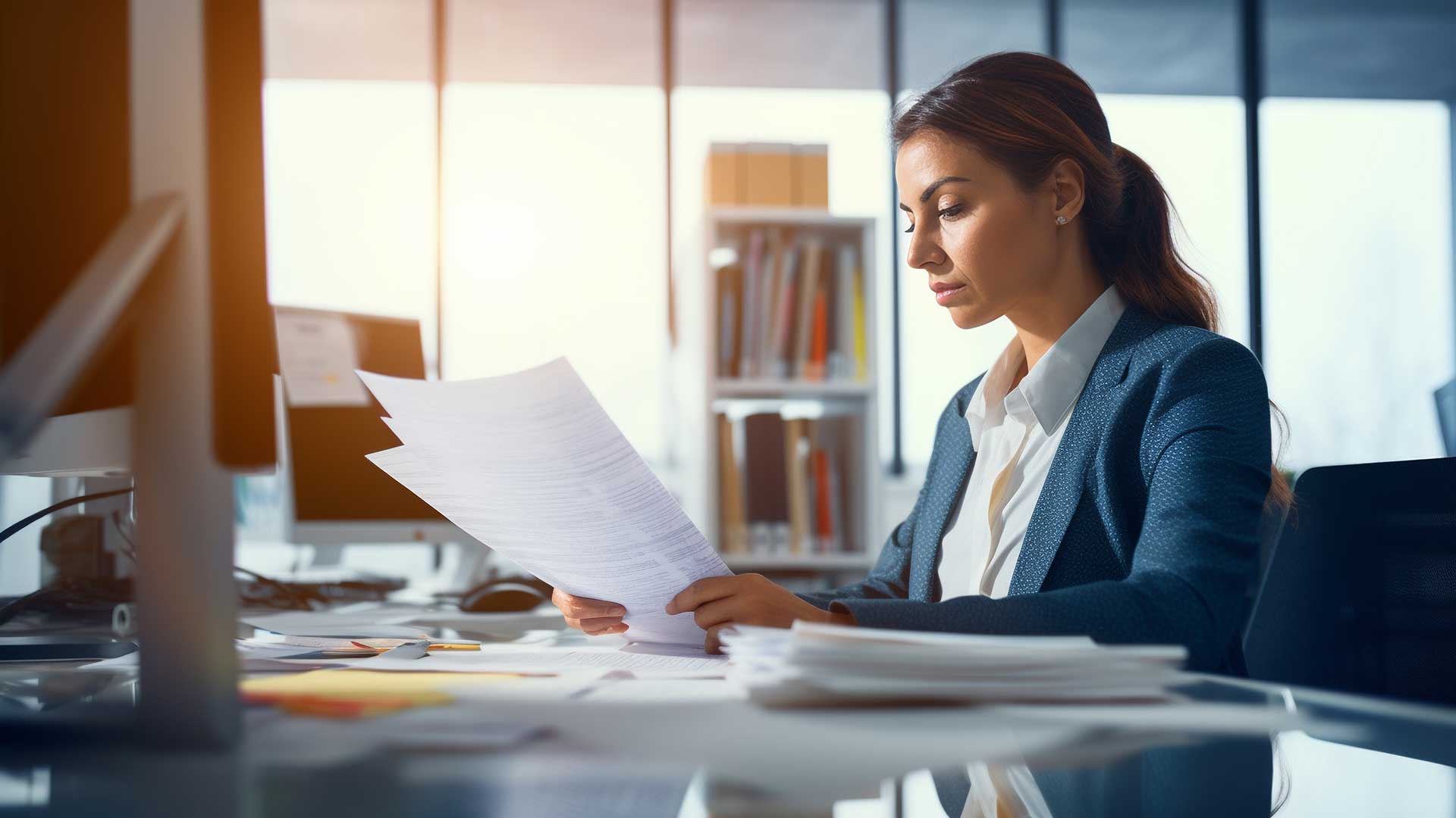 paralegal reviews briefs and documents at her desk