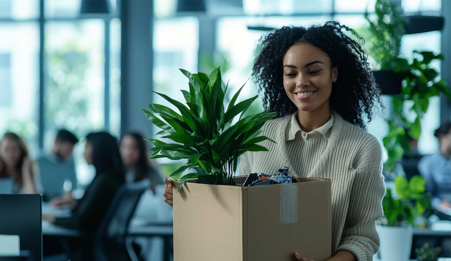business school graduate with associate degree carries plant for her desk to her first job