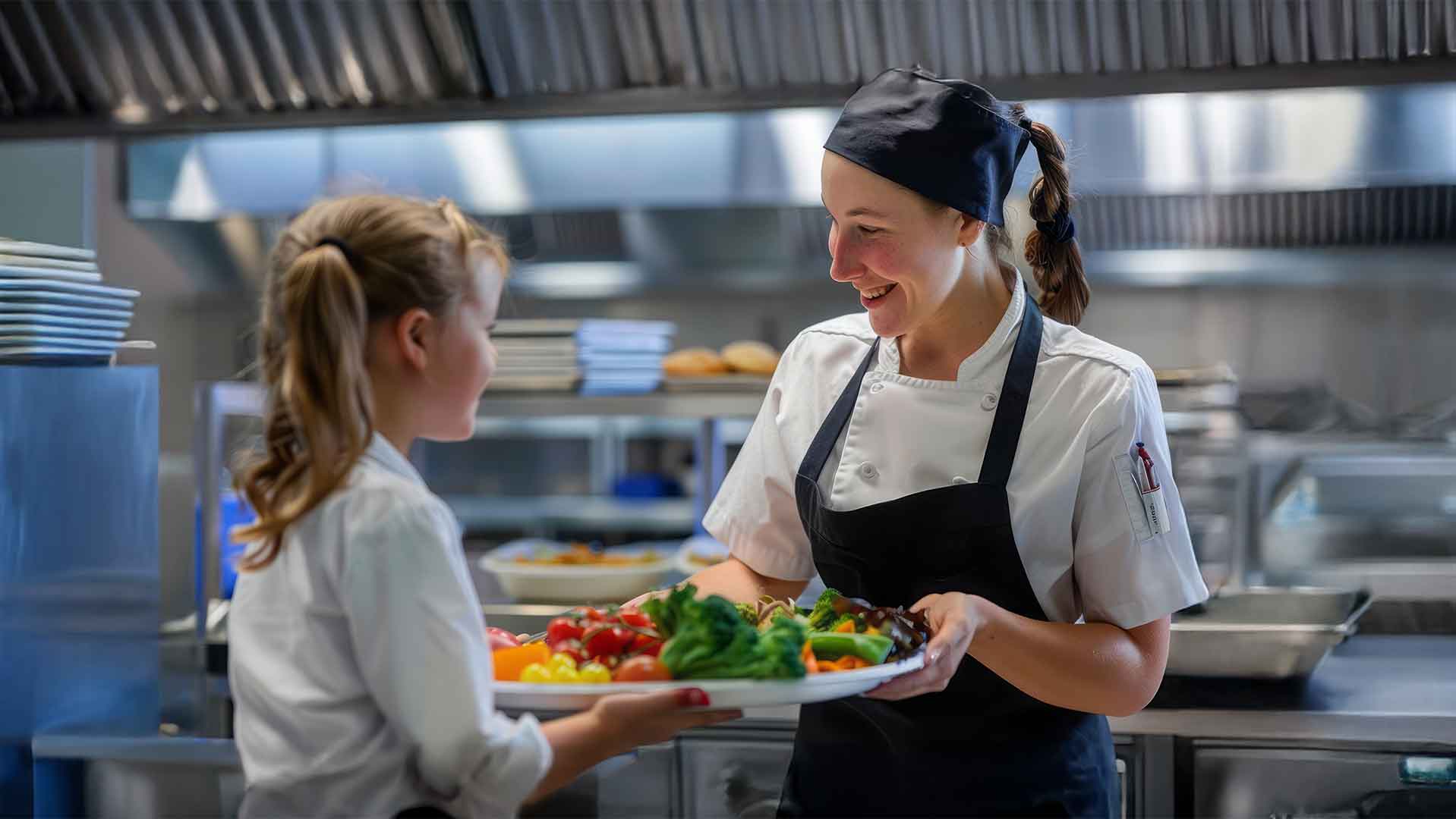 certified dietary manager works with school pupil to set out cafeteria healthy food